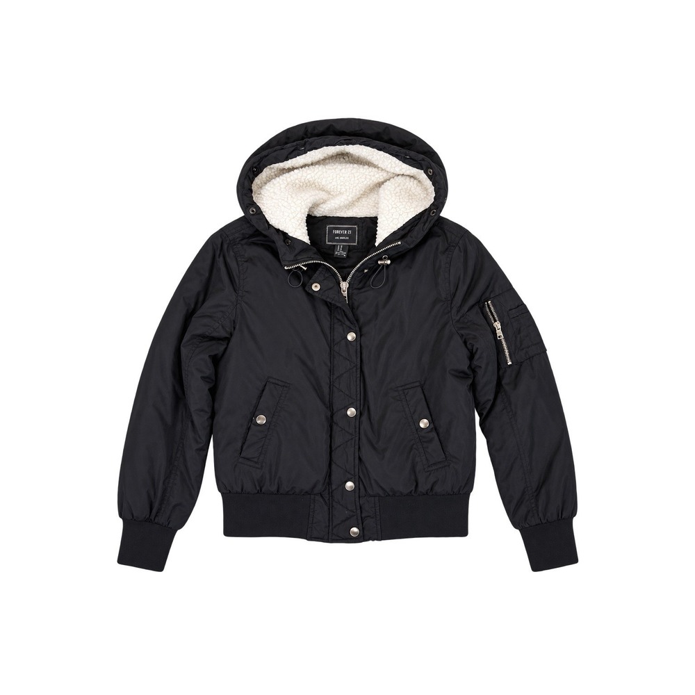 Black Bomber Jacket Women's Small Y2K Utility Sherpa Hood Aviator Forever 21